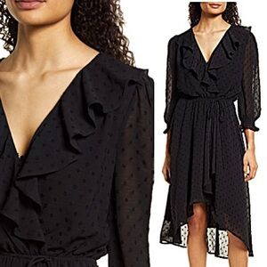 NWT Fraiche by J Swiss Dot Faux Wrap Midi Dress Size Large Black Sheer Ruffle